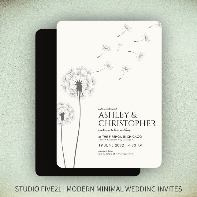 Einfache, moderne Smoke Black Dandelion Wedding Einladung (Von Creator hochgeladen)