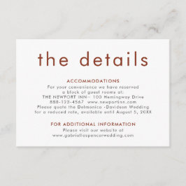 Einfache, moderne Terracotta Rost Hochzeitsdetails Begleitkarte