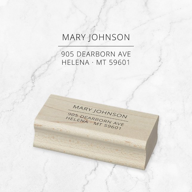 Einfache moderne Typografie Custom Rücksendeadress Gummistempel (Modern wooden return address stamp with fine line. Basic typography address stamp.)