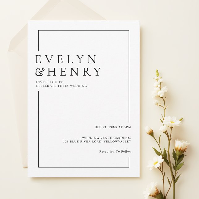 Einfache moderne Typografie-Hochzeit mit schwarzer Einladung (Von Creator hochgeladen)