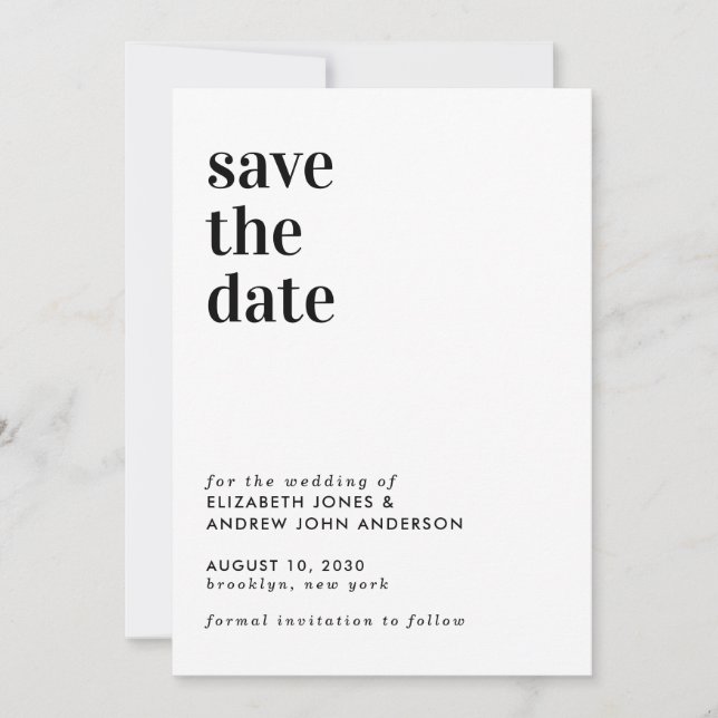 Einfache moderne Typografie-Hochzeit rettet das Da Save The Date (Vorderseite)