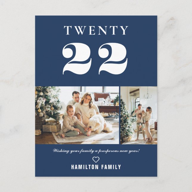 Einfache moderne Typografie Neujahr Zwei Foto Postkarte (Vorderseite)