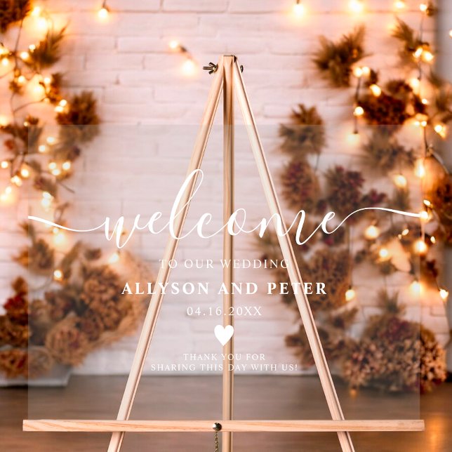 Einfache, moderne und elegante Hochzeitsempfehlung Acrylschild (Simple modern elegant white script wedding welcome acrylic sign)