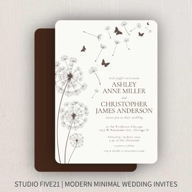 Einfache moderne Walnut Brown Dandelion Wedding Einladung (Von Creator hochgeladen)