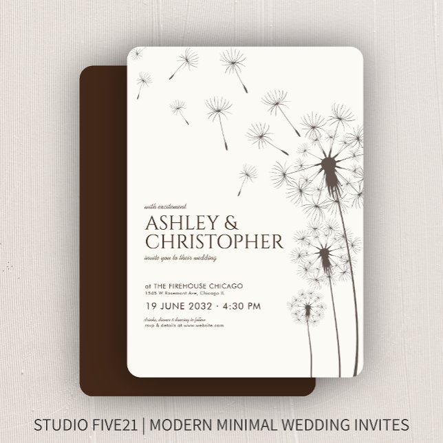 Einfache moderne Walnut Brown Dandelion Wedding Einladung (Von Creator hochgeladen)