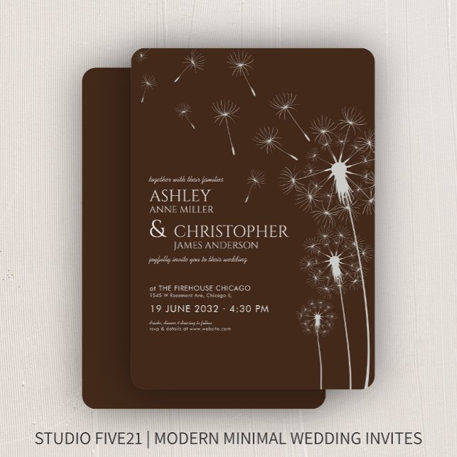 Einfache moderne Walnut Brown Dandelion Wedding Einladung (Von Creator hochgeladen)