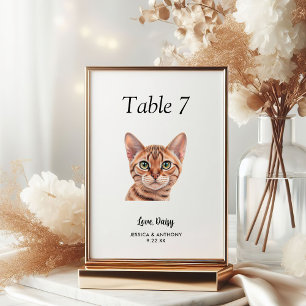 Einfache moderne Wasserfarbe Katze Hochzeit Tischnummer