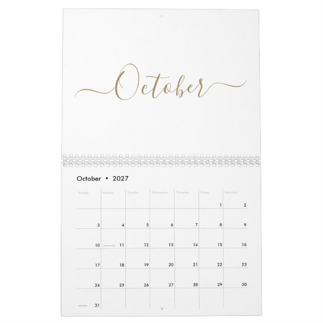 Einfache, moderne, weiß und goldfarbene Skriptmona Kalender (Okt 2027)