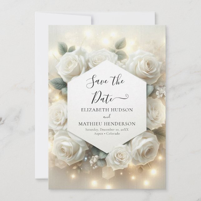 Einfache moderne White Roses Hochzeit Save The Date (Vorderseite)