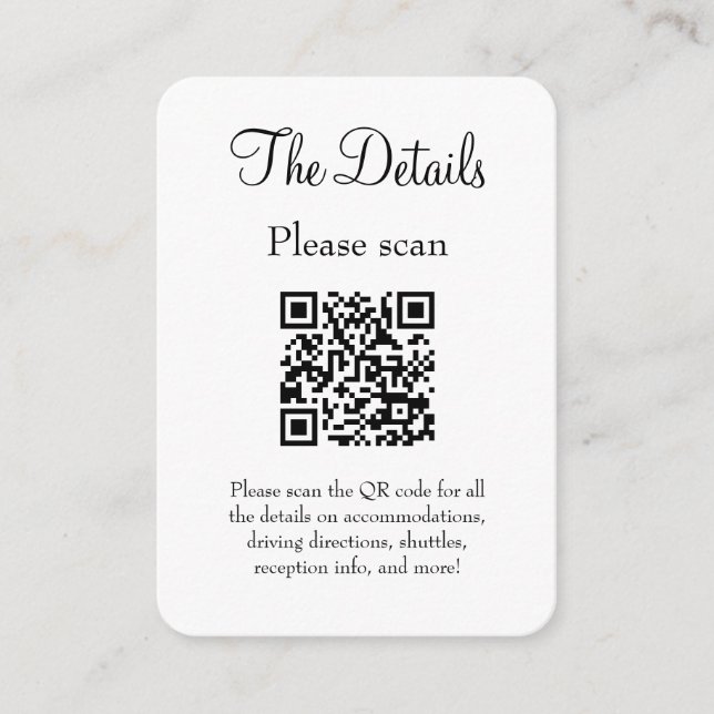 Einfache, moderne White Wedding Details mit QR Cod Begleitkarte (Vorderseite)