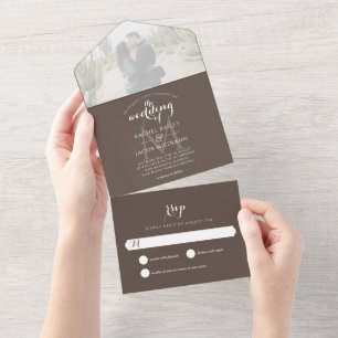 Einfache Mongram Brown-Foto-Hochzeit All In One Einladung