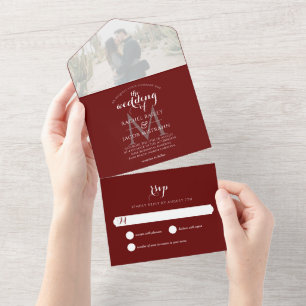 Einfache Mongram Burgundy Marsala Foto Wedding All In One Einladung