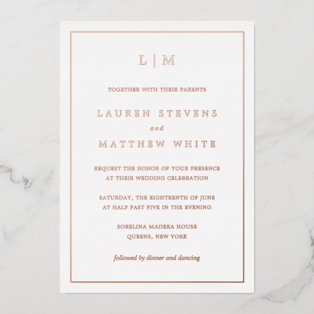 Einfache Mongram Elegant Hochzeit Folieneinladung (Vorderseite)