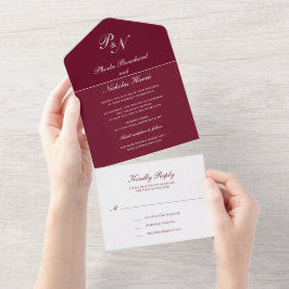 Einfache Monogram Elegant Burgundy Wedding All In One Einladung