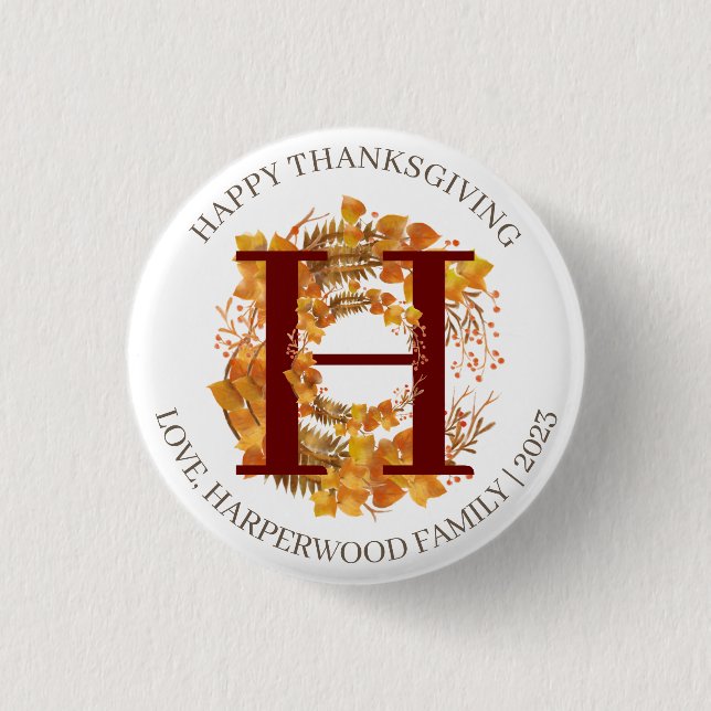Einfache Monogram Fall Harvest Happy Thanksgiving Button (Vorderseite)