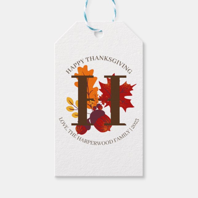 Einfache Monogram Fall Harvest Happy Thanksgiving Geschenkanhänger (Vorderseite)