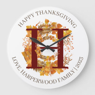 Einfache Monogram Fall Harvest Happy Thanksgiving Große Wanduhr