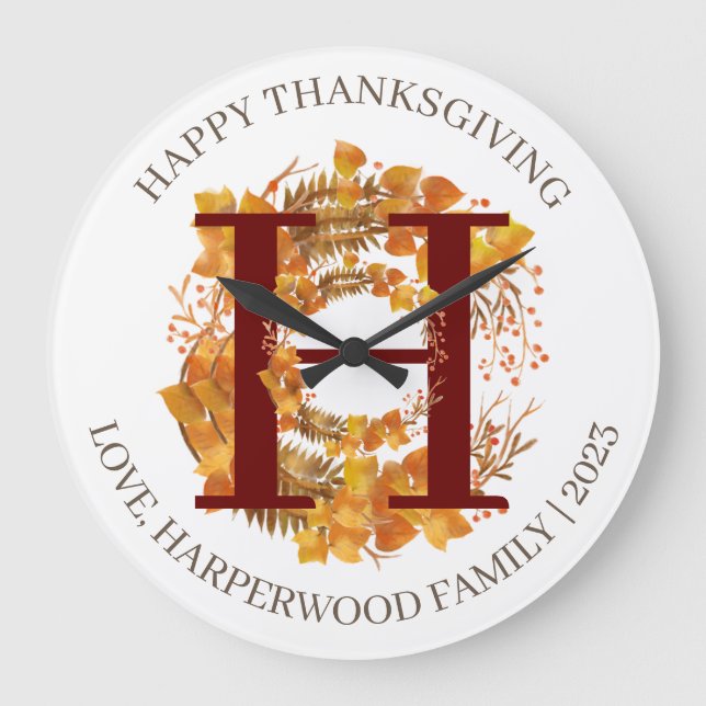 Einfache Monogram Fall Harvest Happy Thanksgiving Große Wanduhr (Vorderseite)