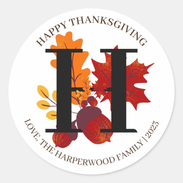Einfache Monogram Fall Harvest Happy Thanksgiving Runder Aufkleber (Vorderseite)