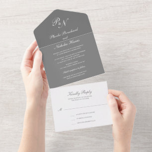 Einfache Monogram Gray Elegant Wedding All In One Einladung
