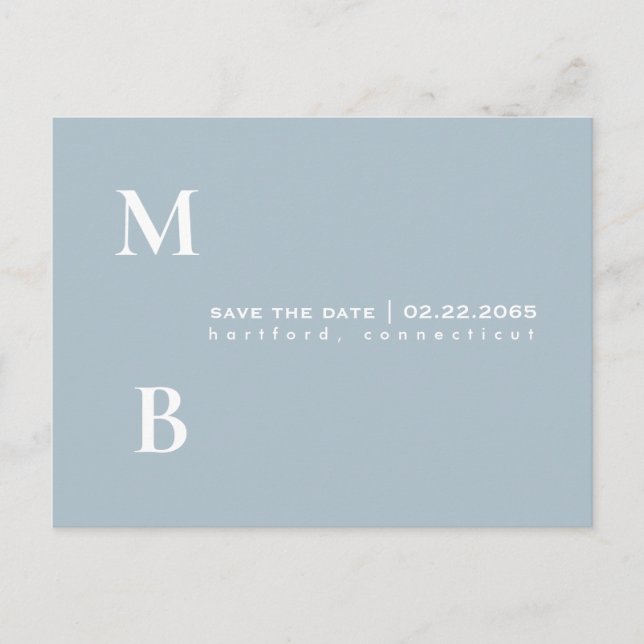 Einfache Monogram Icy Blue Wedding Save the Date Postkarte (Vorderseite)