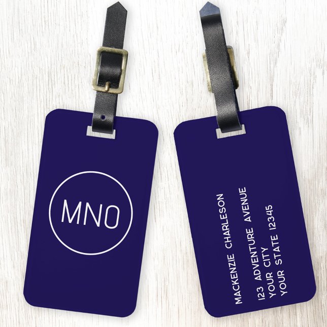 Einfache Monogram Initials Minimalistisch Navy Blu Gepäckanhänger (Modern simple monogram initials personalized custom luggage tag in navy blue and white)