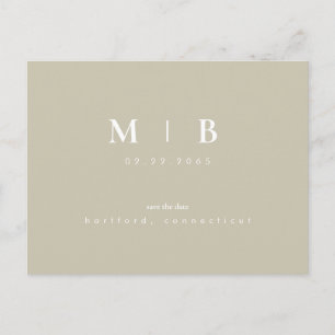 Einfache Monogram Khaki Wedding Save the Date Anno Postkarte