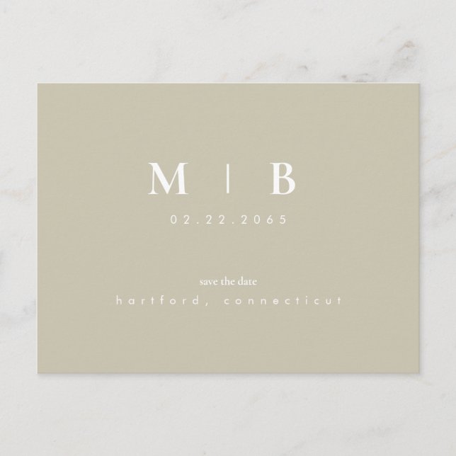 Einfache Monogram Khaki Wedding Save the Date Anno Postkarte (Vorderseite)