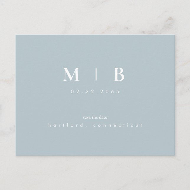 Einfache Monogram Winter Blue Save the Date QR Postkarte (Vorderseite)
