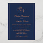 Einfache monogramm formale Navy Blue Wedding Rose  Folieneinladung<br><div class="desc">Traditioneller Stil Marineblau und Rose Goldfolie Hochzeitseinladung mit einem einfachen und klassischen Design mit Ihren beiden ersten Monogramm und Ihren Namen in einer eleganten Kalligraphie innerhalb eines dünnen Randes. Alle Designelemente auf der Vorderseite sind in realer Folie bedruckt. Diese luxuriöse Hochzeitseinladung mit zeitlosem Design ist perfekt für eine feierliche Hochzeit....</div>