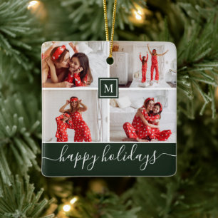 Einfache Monogramm Foto Collage Happy Holiday Gree Keramikornament