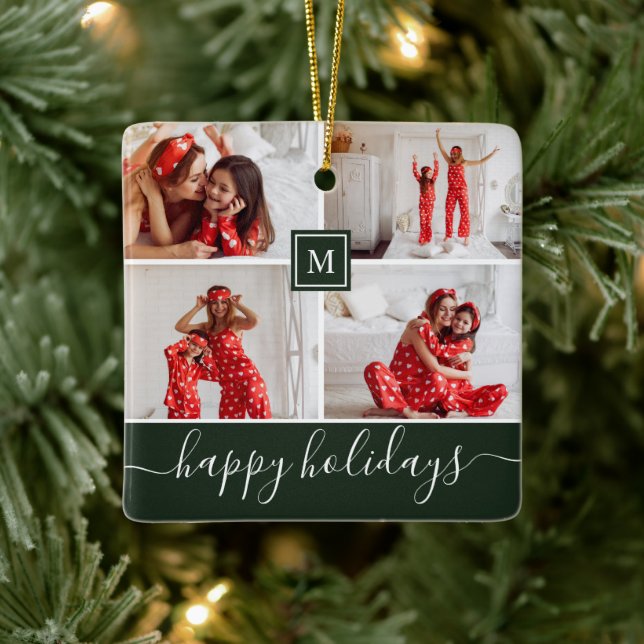 Einfache Monogramm Foto Collage Happy Holiday Gree Keramikornament (Baum)
