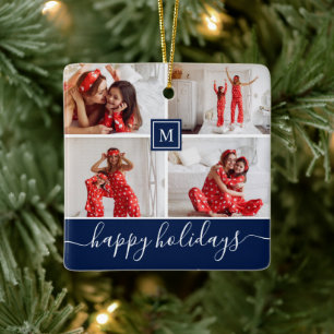 Einfache Monogramm Foto Collage Happy Holiday Navy Keramikornament