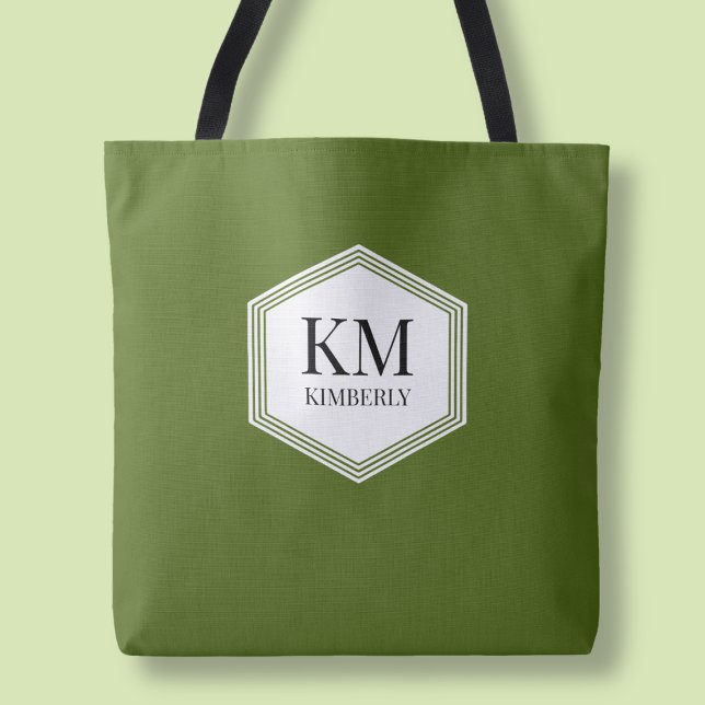 Einfache monogramm-grüne, moderne Personalisierte  (Simple Monogram Green Modern Personalized Name Tote Bag)