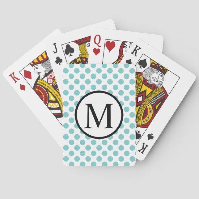 Einfache Monogramm mit Aqua-Polka-Punkten Spielkarten (Rückseite)