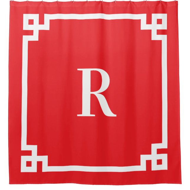 Einfache Monogramm mit hellrotem und weißem griech Duschvorhang (Vorderseite)