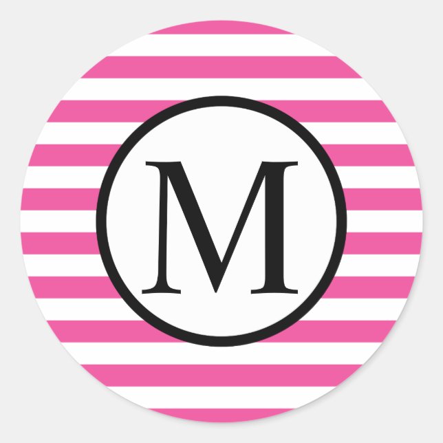 Einfache Monogramm mit rosa horizontalen Streifen Runder Aufkleber (Vorderseite)