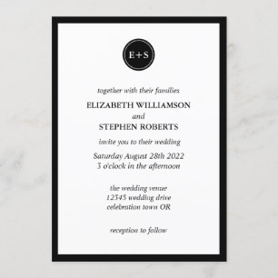Einfache Monogramm   Schwarz-Weiß-Hochzeit Einladung