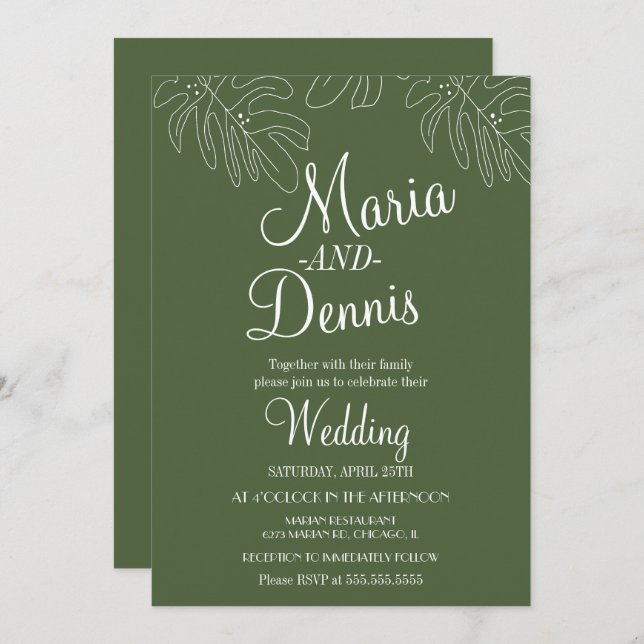 Einfache Monstera Line Handillustrierung Grün Einladung (Vorne/Hinten)