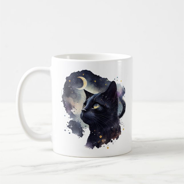 Einfache Mystic Cat Crescent Moon Starlight Clean Kaffeetasse (Links)