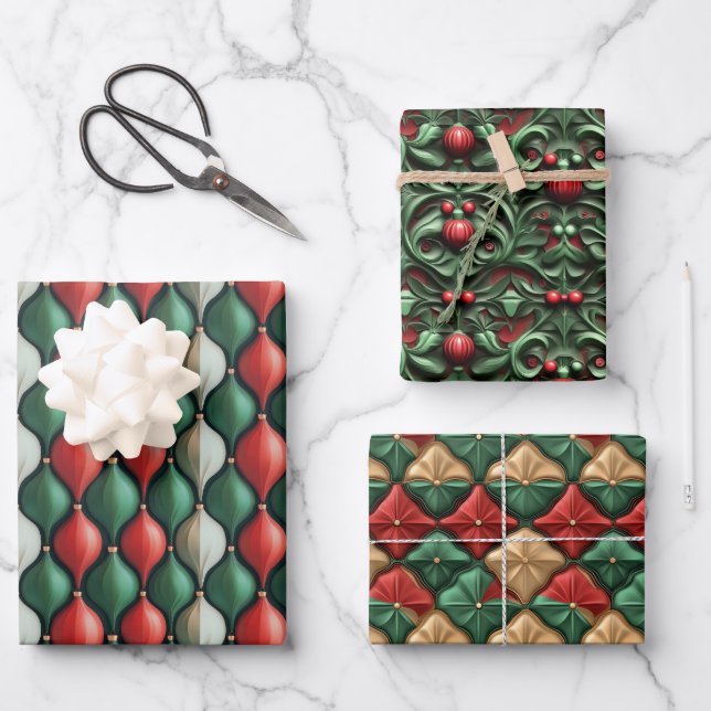 Einfache Nahtlose Weihnachten Rot und Grün Ornamen Geschenkpapier Set (Vorderseite)