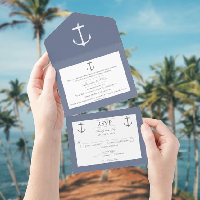 Einfache Nautic Anchor-Hochzeit | Dusty Blue All In One Einladung (Dusty Blue Nautical Anchor Wedding All in One Invitation)