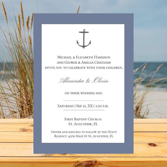 Einfache Nautic Anchor-Hochzeit | Dusty Blue Einladung (Dusty Blue Simple Nautical Anchor Wedding Invitation)