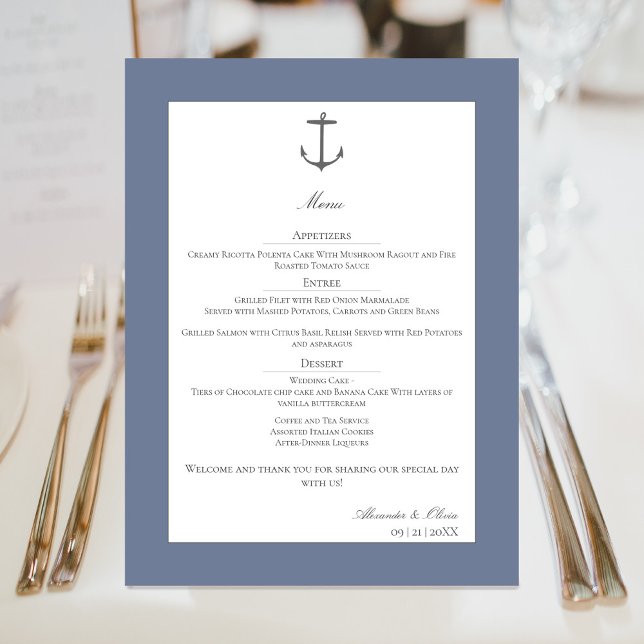 Einfache Nautic Anchor-Hochzeit | Dusty Blue Menükarte (Dusty Blue Simple Nautical Anchor Wedding Menu)
