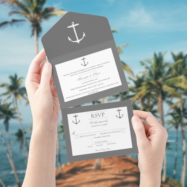 Einfache Nautic Anchor-Hochzeit | Grau All In One Einladung (Gray Nautical Anchor Wedding All in One Invitation)