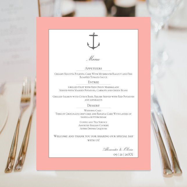 Einfache Nautic Anchor-Hochzeit | Korallen Menükarte (Coral Simple Nautical Anchor Wedding Menu)