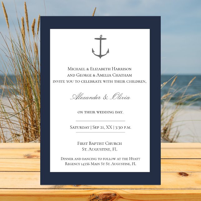 Einfache Nautic Anchor-Hochzeit | Marineblau Einladung (Navy Simple Nautical Anchor Wedding Invitation)