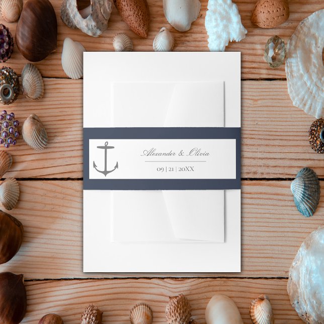 Einfache Nautic Anchor-Hochzeit | Marineblau Einladungsbanderole (Navy Simple Nautical Anchor Wedding Invitation Belly Band)