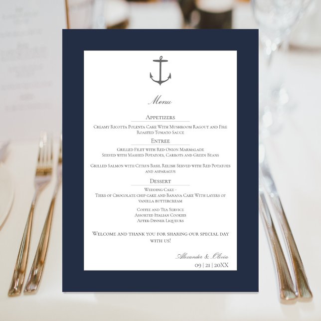 Einfache Nautic Anchor-Hochzeit | Marineblau Menükarte (Navy Simple Nautical Anchor Wedding Menu)