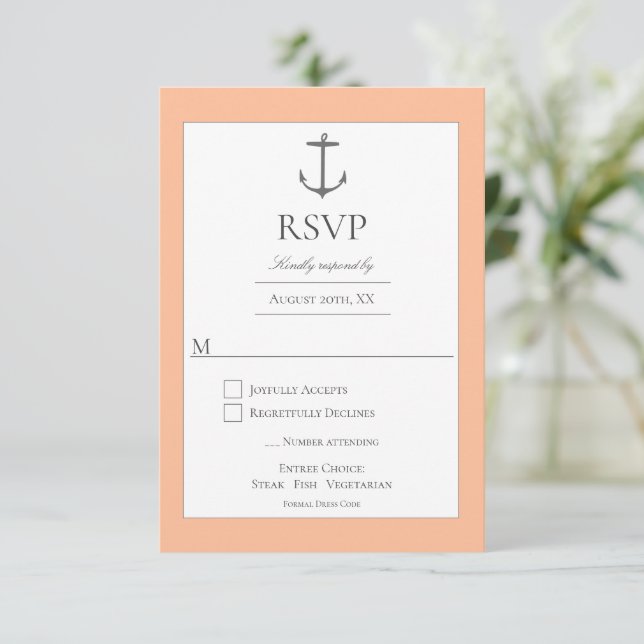 Einfache Nautic Anchor-Hochzeit | Peach RSVP Karte (Stehend Vorderseite)